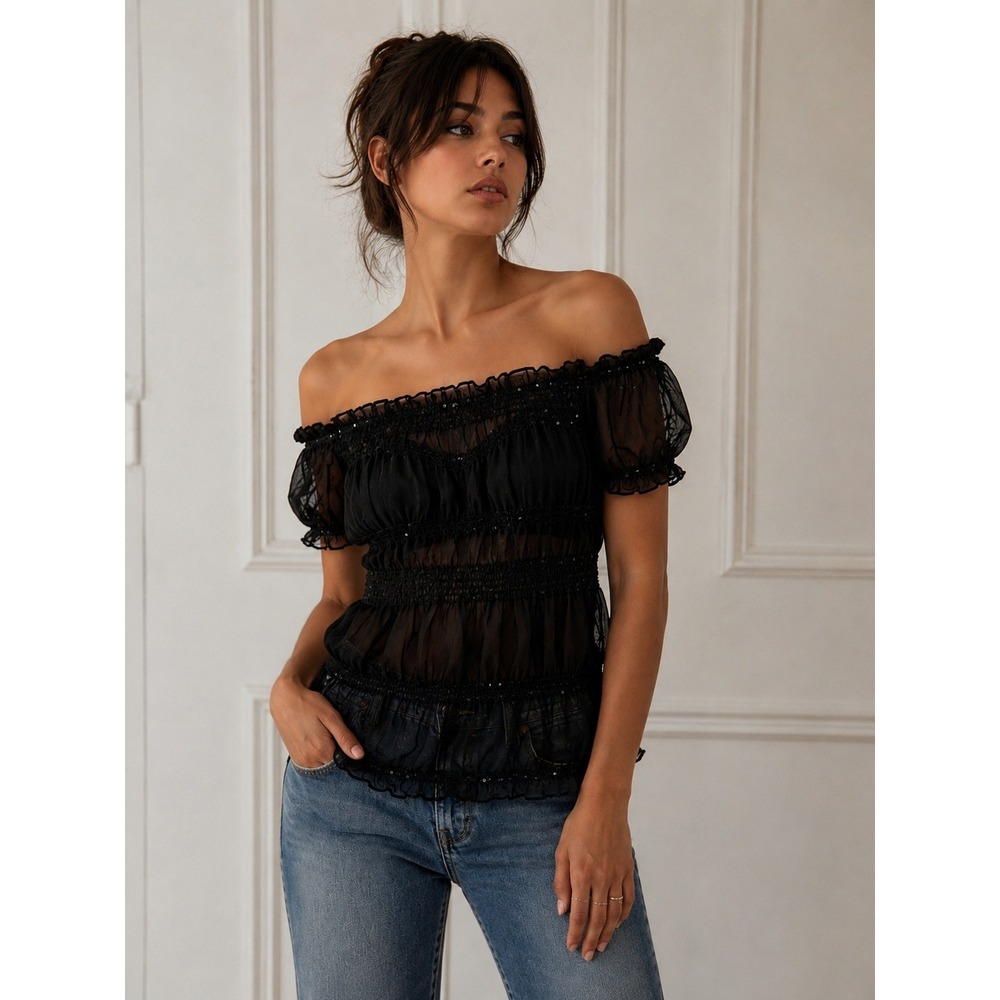 Siren Lily Sz M-L Black Sheer Off Shoulder Blouse Smocked Sequin Y2K Whimsigoth
